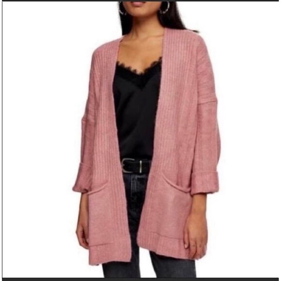 TOPSHOP Blush Pink Knit Ribbed Open Long Cardigan - Picture 1 of 7